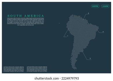 South America Map - World map vector template with Grey dots, grid, grunge, halftone style isolated on green background for education, infographic, design, website - Vector illustration eps 10