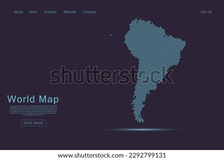South America Map - World map vector template with blue dots, grid, grunge, halftone style isolated on dark purple background for website, infographic, technology design - Vector illustration eps 10