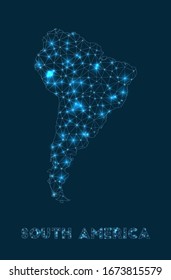 South America network map. Abstract geometric map of the continent. Internet connections and telecommunication design. Authentic vector illustration.