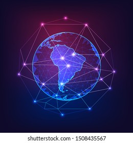 South America on Planet Earth view from space with continents outlines abstract background. Globalization, connection concept. Low poly wireframe, lines and dots glowing design. Vector illustration. 