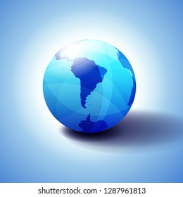 South America and part of the South Pole Background with Globe Icon 3D illustration, Glossy, Shiny Sphere with Global Map in Subtle Blues giving a transparent feel