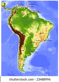 South America. Physical vector map, colored according to elevation, with rivers and selected cities. Surrounding territory greyed out. 27 layers, fully editable. Data source: NASA