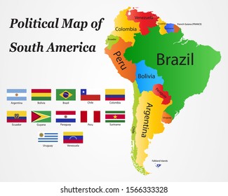 South America political division map with name countries and flags.