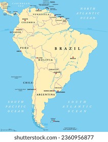 South America, political map with borders, capitals and the largest rivers. A continent, bordered by the Pacific and the Atlantic Ocean, by North America and the Caribbean Sea. Illustration. Vector.