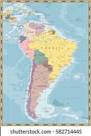 Mapa político sudamericano con lagos y ríos. Color vintage.