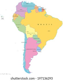 South America Political Map with single states,capitals and national borders. Vector illustration with English labeling and scaling.