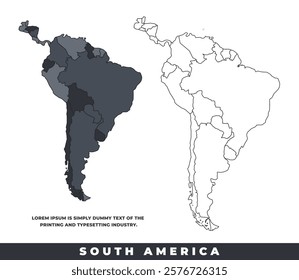 South America political regions black color outline map set