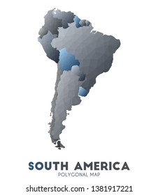 South America polygonal map. Grey and blue shaded vector illustration.