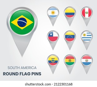 South america round flag pins, map pointers