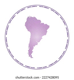 South America round logo. Digital style shape of South America in dotted circle with continent name. Tech icon of the continent with gradiented dots. Authentic vector illustration.