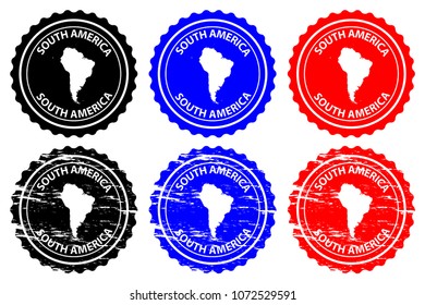 South America - rubber stamp - vector, South America continent map pattern - sticker - black, blue and red