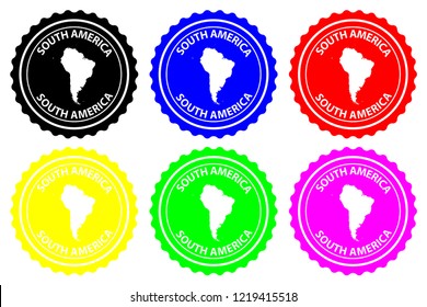 South America - rubber stamp - vector, South America continent map pattern - sticker - black, blue, green, yellow, purple and red