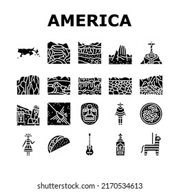 South America Scape And Tradition Icons Set Vector. South America Antique Mask And Guitar, Tequila Alcoholic Drink Taco Food, Machu Picchu Iguazu Falls Desert Lake Glyph Pictograms Black Illustrations