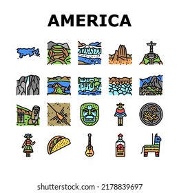 South America Scape And Tradition Icons Set Vector. South America Antique Mask And Guitar, Tequila Alcoholic Drink And Taco Food, Machu Picchu And Iguazu Falls, Desert And Lake Color Illustrations