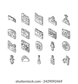 Conjunto de iconos isométricos de Sudamérica Scape And Tradition. Máscara Y Guitarra Antiguas De América Del Sur, Bebida Alcohólica De Tequila Y Comida De Taco, Machu Picchu Y Cataratas Del Iguazú, Color Del Desierto Y El Lago