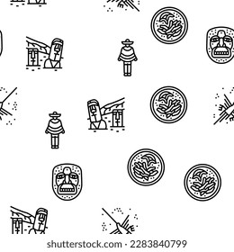 South America Scape And Tradition Vector Seamless Pattern Thin Line Illustration