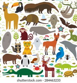 South America seamless pattern sloth anteater toucan lama bat fur seal armadillo boa manatee dolphin Maned wolf jaguar macaw lizard turtle crocodile deer penguin Blue-footed booby Capybara. Vector