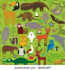 South America seamless pattern sloth anteater toucan lama fur seal armadillo boa manatee dolphin Maned wolf raccoon jaguar macaw lizard turtle crocodile deer penguin Blue-footed booby Capybara. Vector