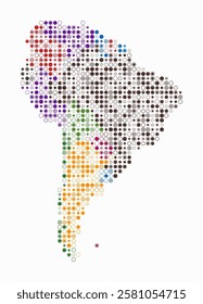 South America, shape of the continent build of colored cells. Digital style map of the South America on white background. Small size circle blocks. Simple vector illustration.