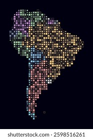 South America, shape of the continent built of colored cells. Digital style map of South America on a dark background. Small size square blocks. Artistic vector illustration.