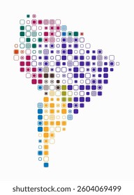 South America, shape of the continent built of colored cells. Digital style map of South America on white background. Large size rounded square blocks. Beautiful vector illustration.