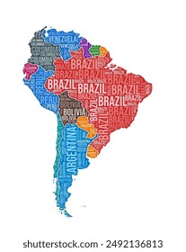 Forma Sudamérica. Nube de palabras del continente con división del país. Ilustración de color de América del Sur. Nube de nombres de Country. Ilustración vectorial.