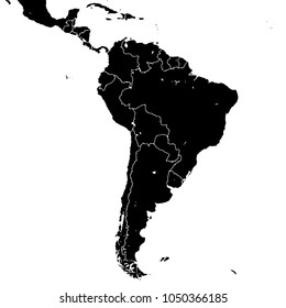 South America silhouette vector map. Black and white version usable for travel marketing, real estate and education.