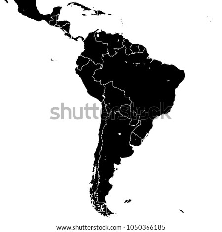 South America silhouette vector map. Black and white version usable for travel marketing, real estate and education.