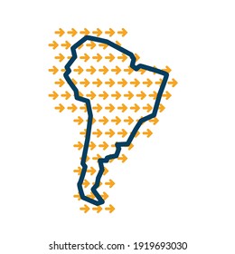 South America simple outline map with yellow directional arrows.