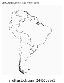 South America. Simple vector map. Continent shape. Outline regions style. Border of South America. Vector illustration.