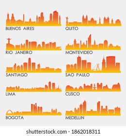 South America Skyline City Silhouette Design Collection. Vector Illustration Set Clip Art.