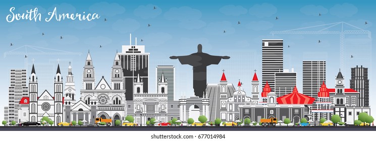 South America Skyline with Famous Landmarks. Vector Illustration. Business Travel and Tourism Concept. Image for Presentation, Banner, Placard and Web Site.