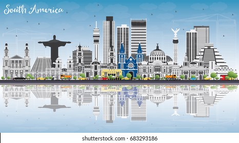 South America Skyline with Famous Landmarks and Reflections. Vector Illustration. Business Travel and Tourism Concept. Image for Presentation, Banner, Placard and Web Site.