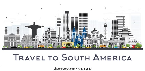 South America Skyline with Famous Landmarks Isolated on White Background. Vector Illustration. Business Travel and Tourism Concept.