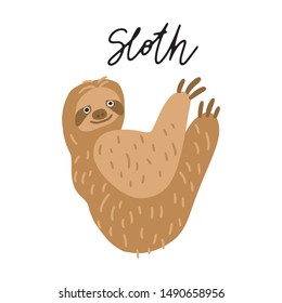 South America Sloth Animal vector illustration clipart. Kids design poster. Wild mammal drawing in scandinavian style. Handwritten lettering. Exotic wildlife. 