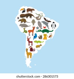 South America sloth anteater toucan lama bat fur seal armadillo boa manatee monkey dolphin Maned wolf raccoon jaguar Hyacinth macaw lizard crocodile deer penguin Blue-footed booby. Vector