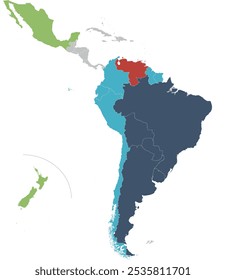 América do Sul Mercado Comum do Sul Mapa do Mercosul com os atuais 5 Estados-Membros, Venezuela, seis Estados associados (verde) e dois Estados observadores - México e Nova Zelândia