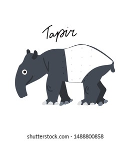 South America Tapir Animal vector illustration clipart. Kids design poster. Wild mammal drawing in scandinavian style. Handwritten lettering. Exotic wildlife. 