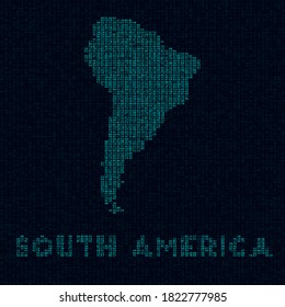 Mapa tecnológico de Sudamérica. Símbolo continental en estilo digital. Cibermapa de Sudamérica con nombre de continente. Auténtica ilustración vectorial.