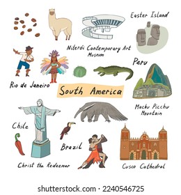 South America travel landmark vector illustrations set.