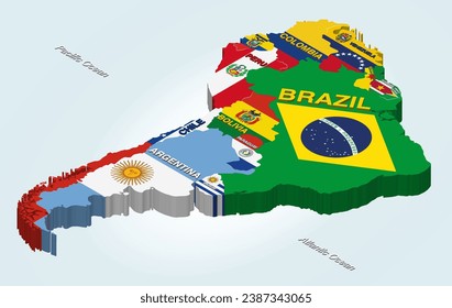 South America vector isometric map combined with national flags