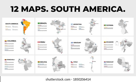 South America. Vector map infographic templates. Slide presentation. Brazil, Argentina, Colombia etc. All countries divided into provinces. 