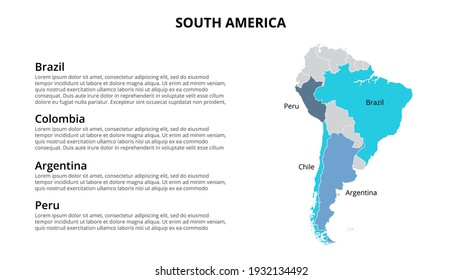 South America Vector Map Infographic Template Divided By Countries. Slide Presentation.