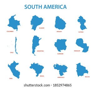 south america - vector maps of countries. Graphic illustration as template infographics and silhouette for travel theme