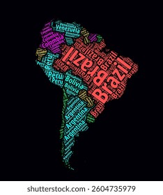 South America Word Cloud. Bright neon style design on dark background. Region names text cloud. Boundary shape with administrative division. Creative vector illustration.