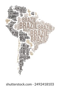 South America Word Cloud. Continent shape with country division. South America typography style image. Country names tag clouds. Vector illustration.