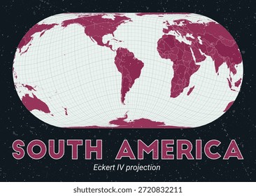 Sudamérica. Mapa mundial. Proyección Eckert IV centrada en Sudamérica. Pale Mint Dark Pink. Textura de Antiguas. Ilustración vectorial de tendencia.