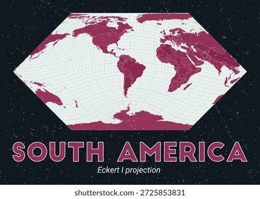 América do Sul. Mapa do mundo. Projeção de Eckert I centrada na América do Sul. Paleta de menta pálida rosa escuro. Textura vintage. Ilustração vetorial atraente.