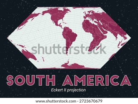 South America. World map. Eckert II projection centered to South America. Pale Mint Dark Pink palette. Vintage texture. Awesome vector illustration.