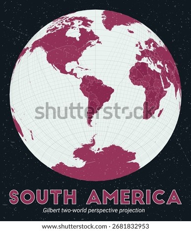 South America. World map. Gilbert two-world perspective projection centered to South America. Pale Mint Dark Pink palette. Vintage texture. Neat vector illustration.